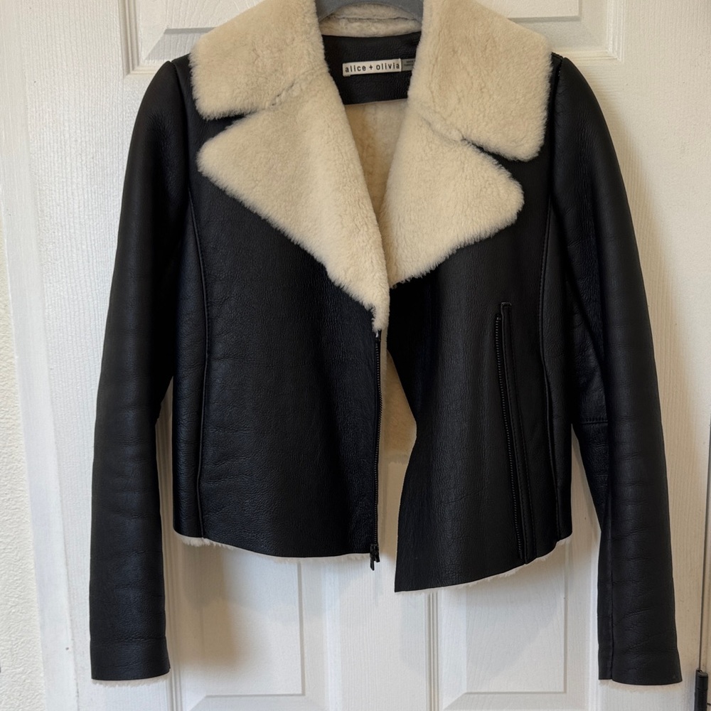 Alice + Olivia Black Leather Jacket with Cream Shearling Lapel